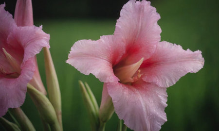 Beautiful pink gladiolus flowers on the background of green grassの写真素材