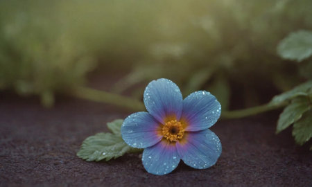 Blue flower with water drops on a stone background, close-upの写真素材