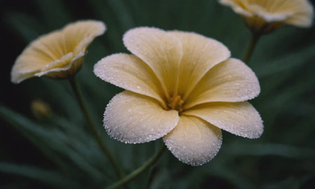 Close up of yellow flowers with water droplets on petals.の写真素材