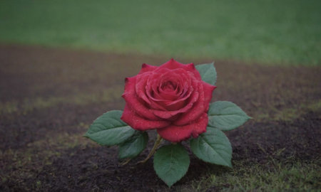 Red rose on green grass background with copy space for your text.の写真素材