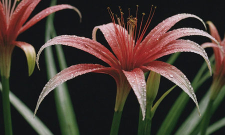 pink flower with dew on petals in the morning lightの写真素材