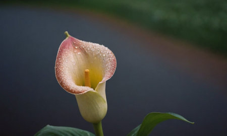 Calla lily with drops of dew on the petalsの写真素材