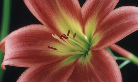 Close up of a red lily with green leaves in the backgroundの写真素材