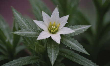 Raindrops on the leaves of a white flower with a blurred backgroundの写真素材