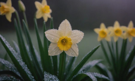 Daffodils in the rain with dew drops on themの写真素材