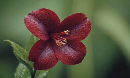 Red flower with raindrops on the petals, close-upの写真素材