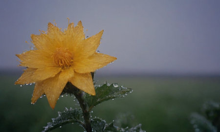 Yellow flower with raindrops on a green field in the early morningの写真素材