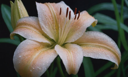 Beautiful lily flower with raindrops on the petals.の写真素材