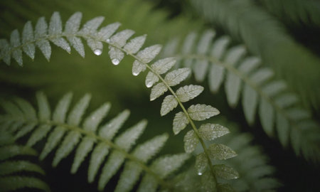 Fern leaves with dew drops in the morning. Close-up.の写真素材