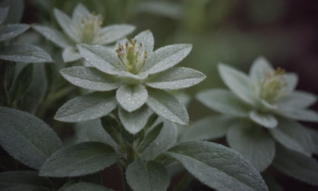 Flowering plant in the garden with drops of water on the leavesの写真素材