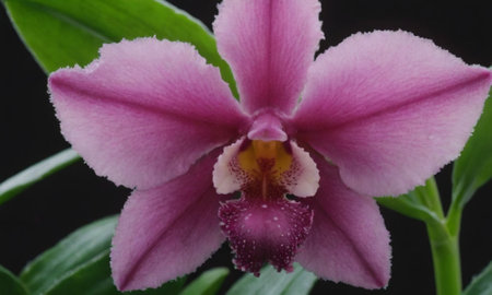 pink orchid on a black background, closeup of photoの写真素材