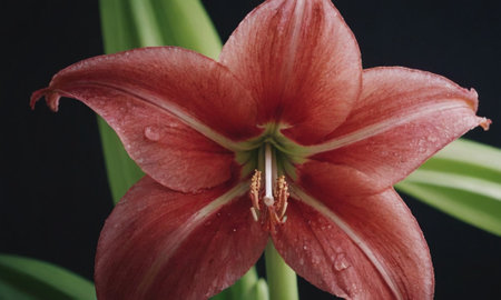 Red lily with water drops on petals on a black backgroundの写真素材