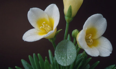 Crocuses in a vase on a dark background with water dropsの写真素材
