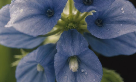 Close up of blue hydrangea flower with water dropletsの写真素材
