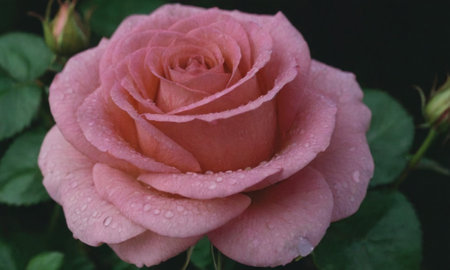Beautiful pink rose with dew drops on the petals.の写真素材
