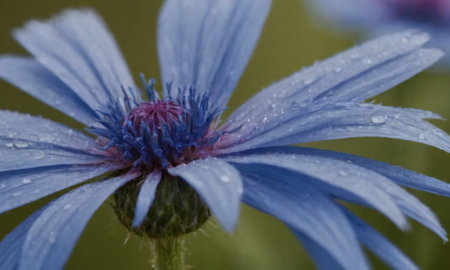 Blue cornflower with water drops on the petals, close upの写真素材