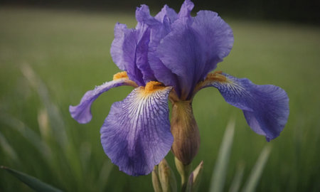 Purple iris flower on a background of green grass in the gardenの写真素材