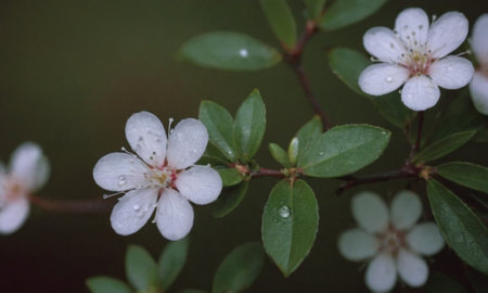 Flowering bush with small white flowers on a dark green backgroundの写真素材