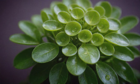 Close up of a green plant with water droplets on the leavesの写真素材