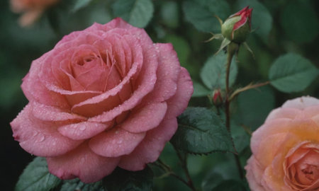 Beautiful pink rose with water droplets on petals close upの写真素材