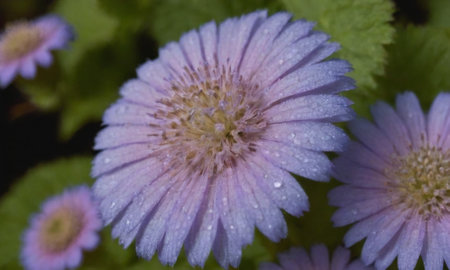 Purple flower with water drops on the petals in the gardenの写真素材