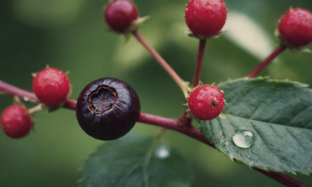 Ripe red berries on a bush with green leaves and raindrops