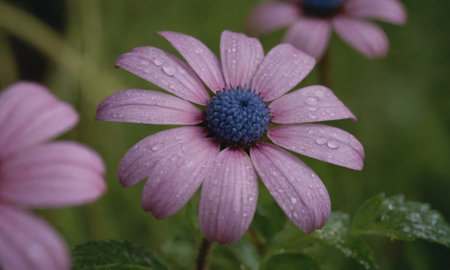 A closeup shot of a purple flower with raindropsの写真素材