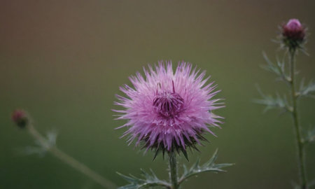 pink thistle flower in the meadow, close up shotの写真素材