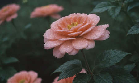 Beautiful pink rose in the garden with morning dew drops.の写真素材