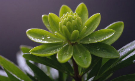 closeup of a green plant with water droplets on the leavesの写真素材