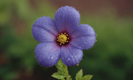 Purple flower with raindrops on the petals and green backgroundの写真素材