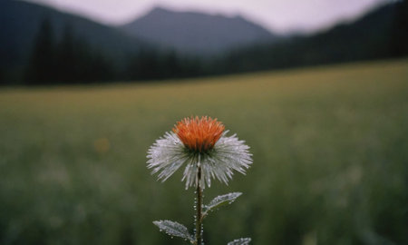 Thistle flower in the meadow with mountains in the background.