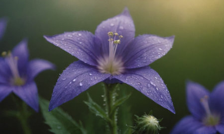 Purple bellflower with raindrops on the petals close upの写真素材