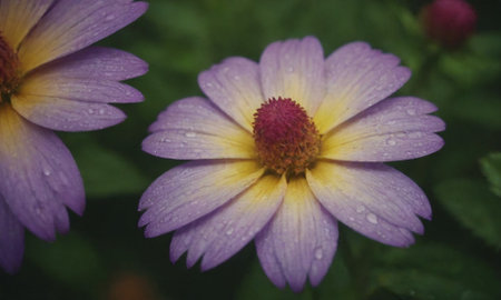 Purple and yellow daisy flower with water drops on petalsの写真素材