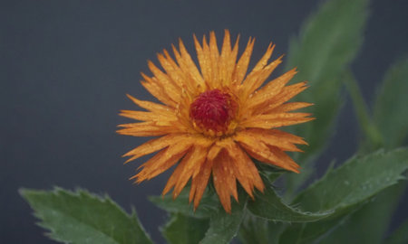 Close-up of orange flower with green leaves on black background.の写真素材