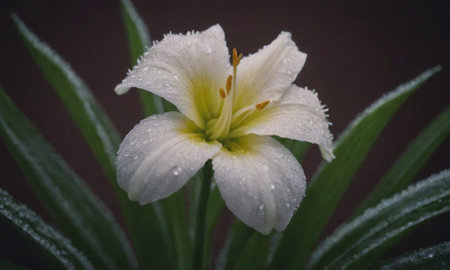 White lily with raindrops on the petals and green leavesの写真素材