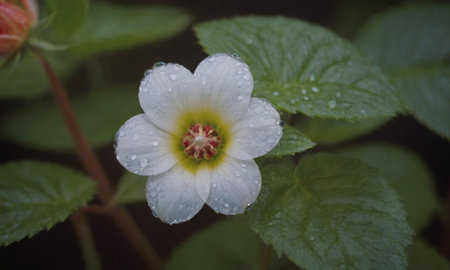 Flower with water drops on the petals and green leaves in the gardenの写真素材