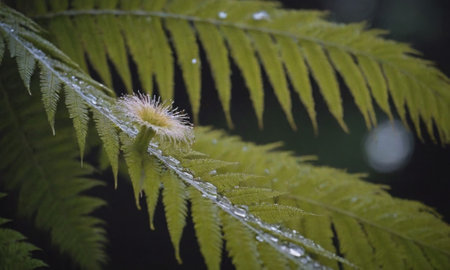 Fern leaves with water drops in a rain forest in the morningの写真素材
