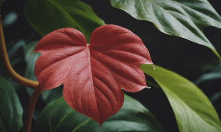 Red leaves of anthurium in the botanical garden, stock photo