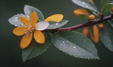 Yellow flower with water drops on the leaves of a bush in the rainの写真素材