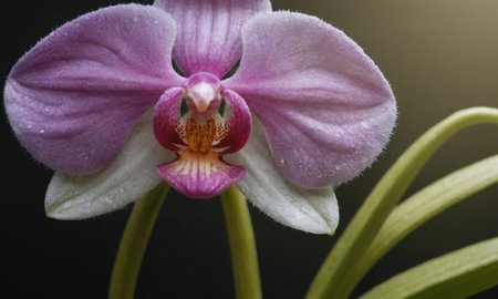 pink orchid on a black background, closeup of photoの写真素材