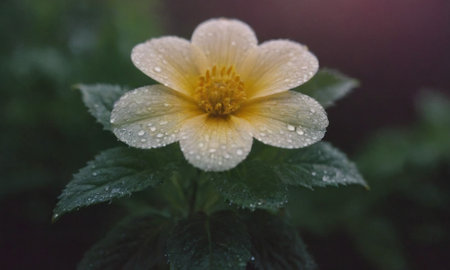 Beautiful yellow flower with dew drops on petals and green leaves