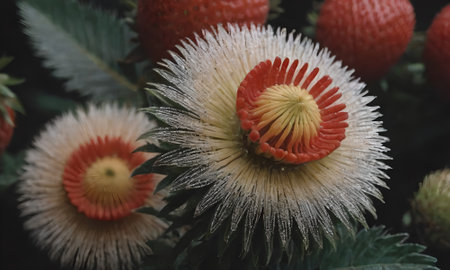 Strawberry flowers in the garden. Selective focus and shallow depth of field.の写真素材
