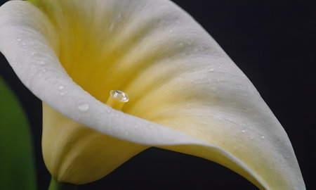 Yellow calla lily with water droplets on a black backgroundの写真素材