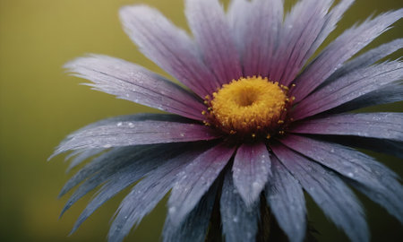 purple flower with water drops on the petals and yellow centerの写真素材