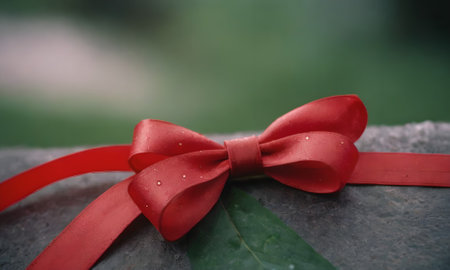 Red bow on a stone with green background, shallow depth of fieldの写真素材