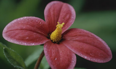 A close up of a small red flower with a blurred background.の写真素材