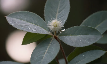 Water droplets on green leaves, close-up, selective focusの写真素材