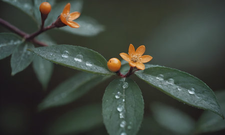 Close up of small orange flowers with raindrops on green leaves.の写真素材