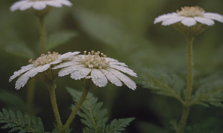 White daisies with dew drops on a green meadowの写真素材